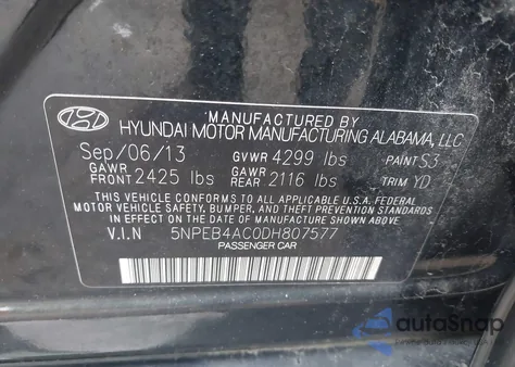 2013 Hyundai Sonata Gls из США, поврежденный, VIN 5NPEB4AC0DH807577